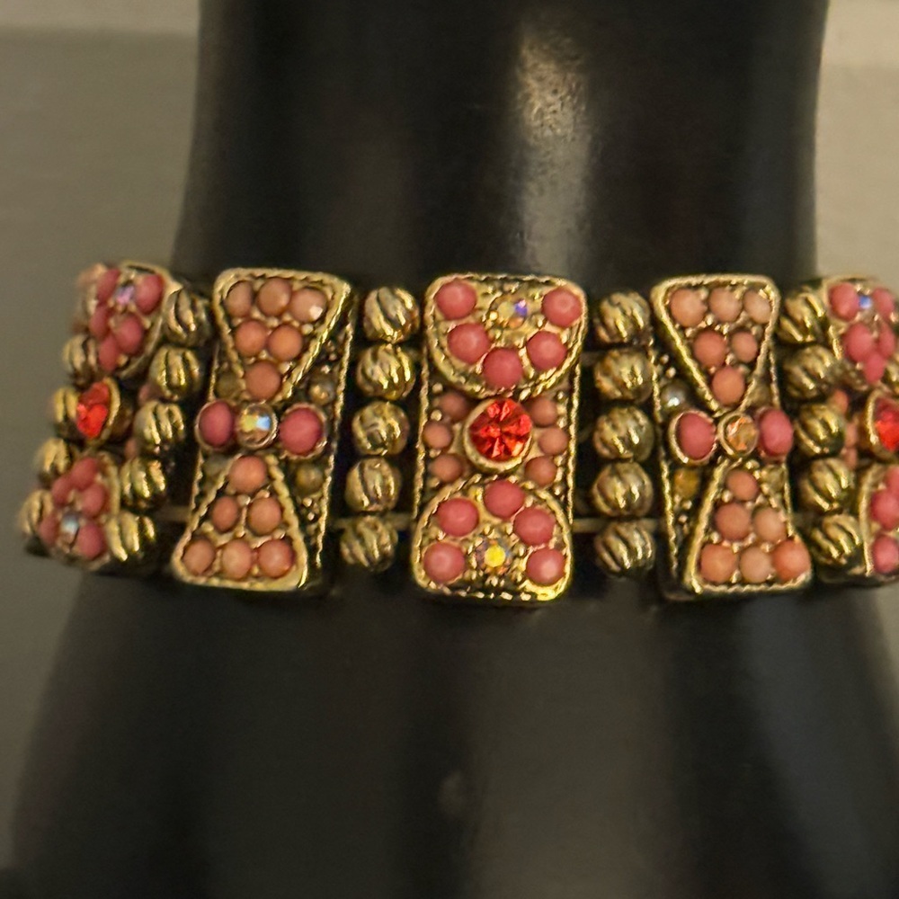 Stretch Gold Tone Wide Bangle Bracelet with Pink, Coral Beads & Red Rhinestones. - Picture 2 of 5
